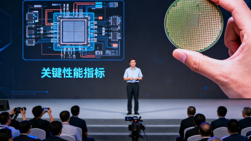 SA视讯第三代芯片SA-300流片成功的发布会现场，创始人陈明远在台上展示晶圆样品，背景大屏幕显示芯片架构图和关键性能指标，台下坐满行业嘉宾和媒体记者，氛围庄重而热烈。